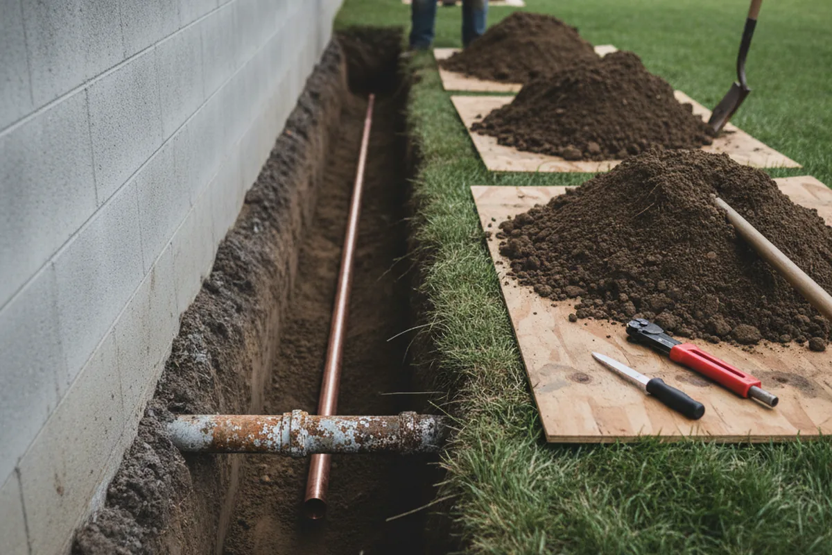 Excavated water line trench during Water Softener Installation in Galena